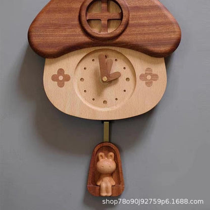 Rabbit Wall Clock Decorative Wooden Wall Clolck Non Ticking Battery Operated Wood Pendulum Clock for Living Room Bedroom Office Kid's Room Kitchen Hotel Cafe