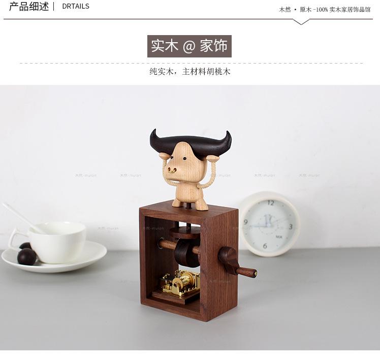 Music Box Automata 木艺批发牛八音盒小猪手摇木质玩具创意小飞猪音乐盒情人节礼物